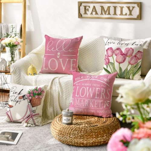 AVOIN colorlife Hello Love Pink Tulips Bicycle Throw Pillow Covers, 18 x 18 Inch Flowers Spring Mother's Day Cushion Case for Sofa Couch Set of 4 - size: 18" x 18" (Pack of 4)