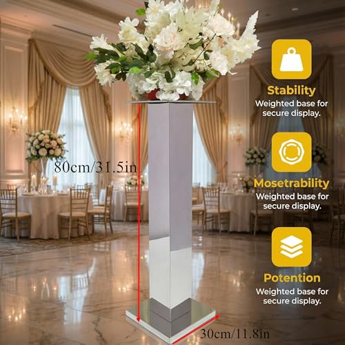 2PCS Tall Silver Vases for Centerpieces,31.5inch Stainless Steel Column Geometric Centerpieces Wedding Flower Stand Flower Floor Vase for Tables Wedding Anniversary - color: Silver