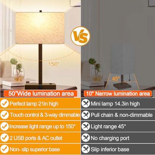 Lynnoland 21" Set of 2 Table lamp with USB A+C & AC Outlets, Touch Control 3-Way Dimmable Nightstand Lamps for Bedroom Living Room Office Reading, Line Shade Touch Lamps, 3000K LED Bulbs Included - color: Nature Line & Bronze with Gold Edge