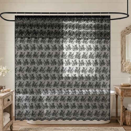 TUDECO Black Boho Lace Shower Curtain with Attached Valance, 72''W x 84''L - color: Black, size: 72"W x 84"L (Pack of 1)
