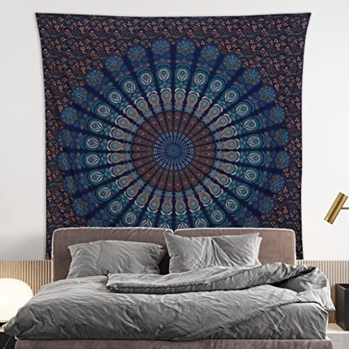 Bless International-Organic-Cotton-Blue-Green-Handmade-Mandala-Tapestry - color: Blue Green, size: 90"L x 84"W