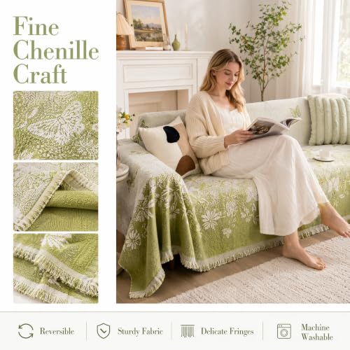 Couch Blanket Cover Chenille Sofa Slipcover Green Butterfly - color: Green Butterfly, size: 71"x 164"