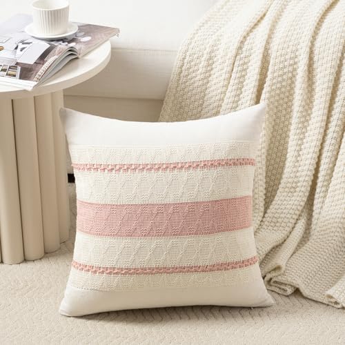 Fancy Homi Set of 2 Boho Pink Decorative Throw Pillow Cover 14x14 Inch for Couch Bed Sofa, Aesthetic Modern Organic Farmhouse Home Decor, Soft Cotton Cute Macrame Woven Cushion Case Gift - color: Pink, size: 14" x 14" (Pack of 2)