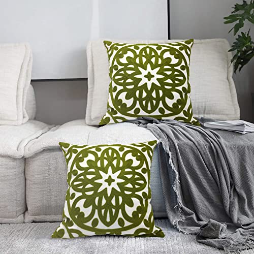 Alysheer Boho Embroidered Throw Pillow Cover 18"x18" Set of 2, Olive Green - color: Olive Green, size: 18" x 18" (Pack of 2)