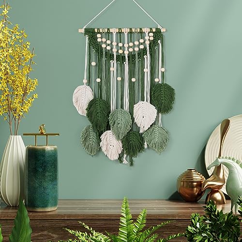 Newwiee Green Macrame Wall Hanging,27.6 x 15.8 Inch Boho Leaf Woven Tapestry Green Handmade Woven Leaves Feather Decorations for Bedroom, Living Room, Nursery, Apartment