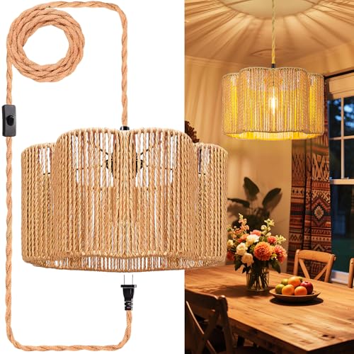 Hanging Lamps Rattan Pendant Light Hanging Lights 16.4ft Plug in Cord Pendant Light Fixture Plug Into Wall Outlet Pendant Lighting with On Off Switch for Bedroom Living (Cylindrical Flower Shade) - size: 12.6 Inch - Flower Shade