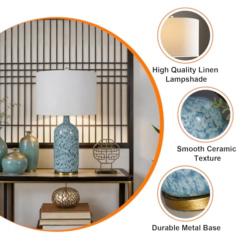 Modern Farmhouse Ceramic Table Lamp, 26" Tall Blue & White Kiln Glaze Bedside Lamp with Linen Shade, Contemporary Accent Lamp for Living Room Bedroom - color: Blue