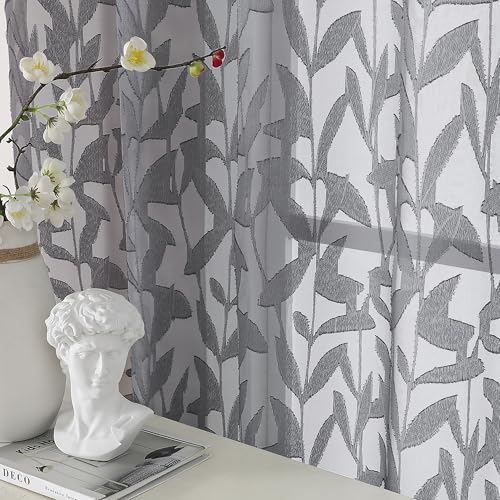 OWENIE Leyna Charcoal Gray Sheer Curtains 54 Inch Length 2 Panels Set, Soft Airy Clip Jacquard Light Filtering Curtains for Bedroom Living Room, Elegant Leaf Textured Window Drapes, 40Wx54L Inches - color: Charcoal Gray, size: 40"W x 54"L (Pack of 2)