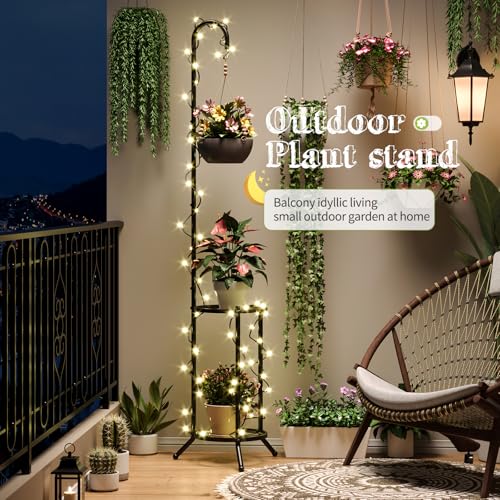 BMOSU Plant Stand with Hooks Indoor Outdoor Corner Tall Plant Stand Heavy-Duty Metal 3-Tier Plant Shelf Holder Rack for Patio Garden Balcony Living Room Bedroom(semicircular Black)