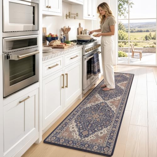 LUMI Kitchen Floor Mat Cushioned Anti Fatigue Runner Rug, 24"x87" - color: Navy & Taupe, size: 87"L x 24"W x 0.4"Th