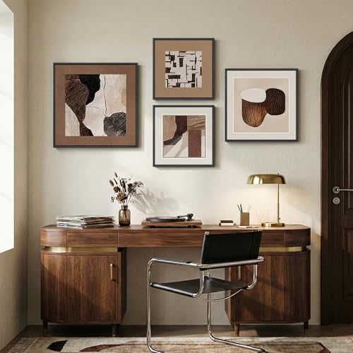 Large Framed Neutral Brown Abstract Wall Art for Living Room, 4 Piece Set