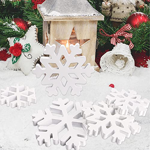 Augisteen 5 Pieces Christmas Wooden Snowflake Decor Winter Snowflake Wood Blocks White Snowflake Table Wood Signs Winter Tiered Tray Wooden Signs for Xmas Party Farmhouse Home Tabletop Shelves