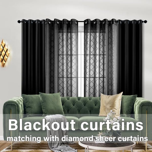 KOUFALL Black Curtains 63 Inch Length for Bedroom 2 Panels Set Sheer Grommet Window Geometric Lace Curtains Aesthetic Diamond Room Decor for Teen Girls Living Area - color: Black, size: 52"W x 63"L (Pack of 2)