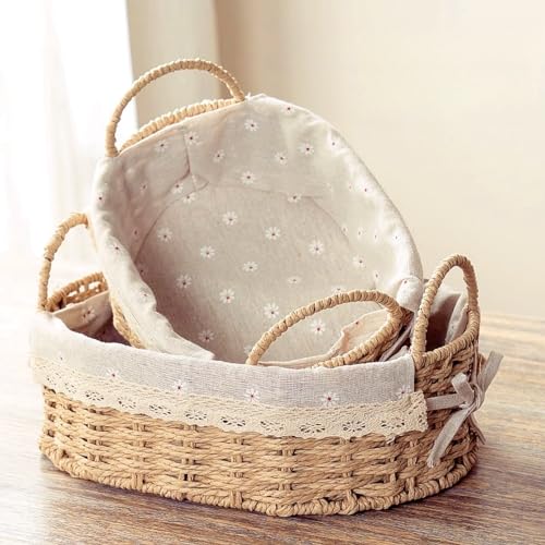 GIB Small Wicker Woven Storage Baskets for Organizing with Handle and Liner - color: Beige-Oval