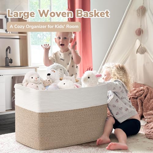 Goodpick 105L Extra Large Woven Rope Blanket Basket, White & Light Brown - color: White & Light Brown, size: XX-Large(25"L x 16"W x 16"H)