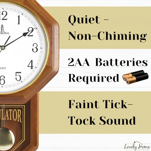 Pendulum Wall Clock Battery Operated, Real Wood Regulator Clock, Quiet - color: Light Wood With Arabic Numerals