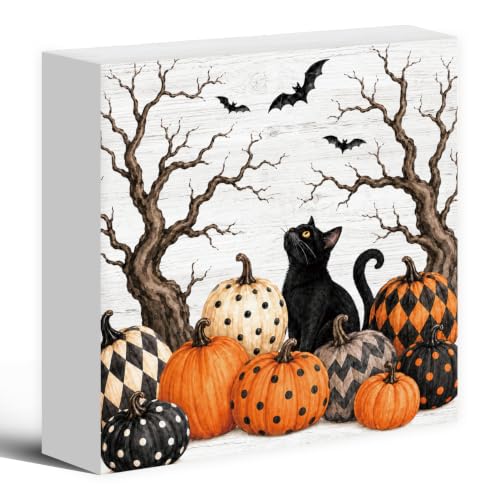 Halloween Black Cat Pumpkin Wood Box Sign Desk Decor 5X5 - color: Pumpkin Cat
