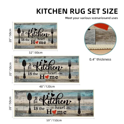 Non Slip Kitchen Mats for Floor Washable Kitchen Rugs Sets of 3, Turquoise - color: Heart-turquoise, size: 20"x32"+20"x48"+20"x59"