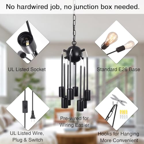 8 Lights Plug in Chandelier, Hanging Lights Black Plug in Pendant Light - color: 8 Lights-Black-E26-Plug In, size: 8 Lights