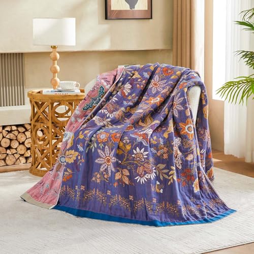 XIBLC Boho Blanket, 100% Cotton Farmhouse Decorative Throw Blanket, 50"x60" Reversible Bohemian Throw Blanket, Purple All Season Muslin Breathable Woven Blankets Quilt - color: Secret Garden Purple, size: 50x60 Inch
