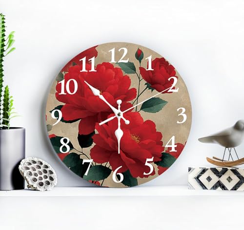 Red Roses Blossoming Silent Non Ticking Wall Clock 12 Inch, Battery Operated, Red Flowers Round Wood Wall Clocks, Decorative for Living Room, Kitchen, Bedroom, Bathroom, Gift of Love - color: Red Roses