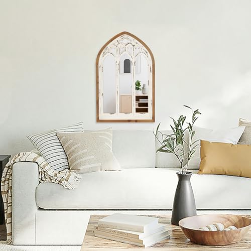 Arch Window Wall Mirror - Farmhouse Cathedral Wall Decor with Wooden Frame for Entryway Hallway Living Room - 16.14" x 1.38" x 25.2"
