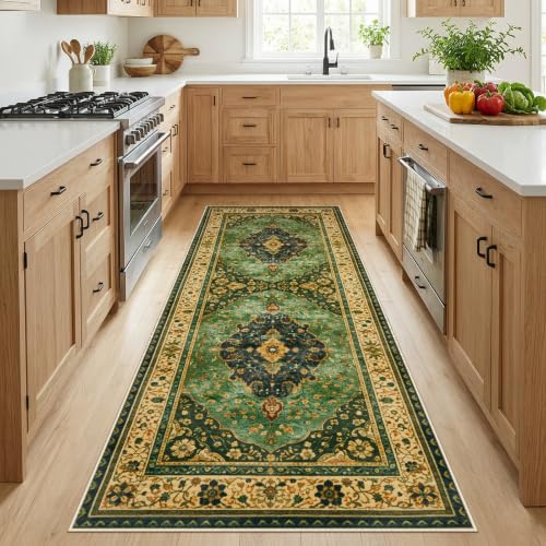 Joydeco 2x6 Runner Rug for Hallway, Kitchen Runner Rugs Non Skid Washable - color: Green/Beige, size: 2' x 6' (Rectangular)