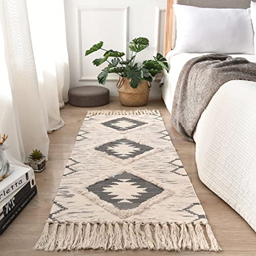 Boho Runner Rug 2'x4.3', Washable Hallway Rug Runner Non Slip Rubber Backed, Kitchen Farmhouse Area Rug Floor Mat with Tassels, Tufted Woven Cotton Entryway Carpet, Grey - color: Grey, size: 2' x 4'3" (Runner)