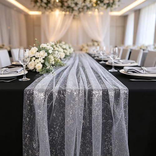 6 Pcs White Silver Gauze Table Runners 10 Ft Tulle Decorations, Glitter Metallic Foil Sequin Sheer Table Decoration Centerpiece for Party Birthday Wedding Anniversary ChristmasChristmas - style: Silver