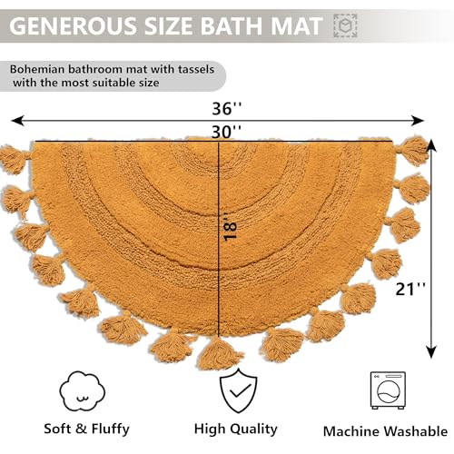 KOEXM Half Circle Boho Bathroom Rugs with Tassels 100% Cotton - color: Mustard Yellow, size: 1'10" x 3'1" (Semicircular)