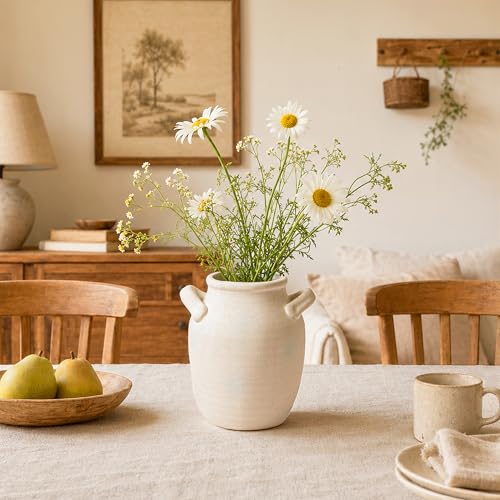 DREAMLOOM Ceramic Flower Vase Home Decor with Handles, 7.2 Inch Table Vases Pottery Terracotta Farmhouse Rustic Room Decor, Flower Vases for Desk, Shelf, Room, Kitchen, Bedroom Decor Antique White - color: Round-7.2" Antique White