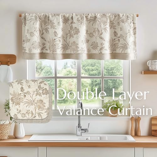 Vangao Linen Valance Curtain Farmhouse Cottage Floral Small Window Curtain Double Layer Light Filtering Drape for Kitchen Valance for Living Room Bedroom 16 Inch Rod Pocket 1 Panel Taupe on Beige - color: Double Layer | Jacobean Taupe, size: 50"W x 16"L (