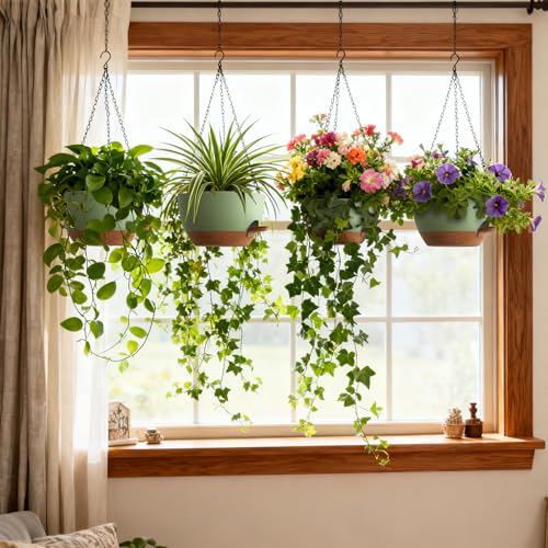 UOUZ 4 Pack 8 Inch Self Watering Hanging Planters for Indoor Outdoor Plants,Hanging Pots for Plants with Drainage Removable Tray, Hanging Baskets Flower Pots for Pothos Spider Garden Green with Brown - color: Green With Brown, size: 8inch-4pack