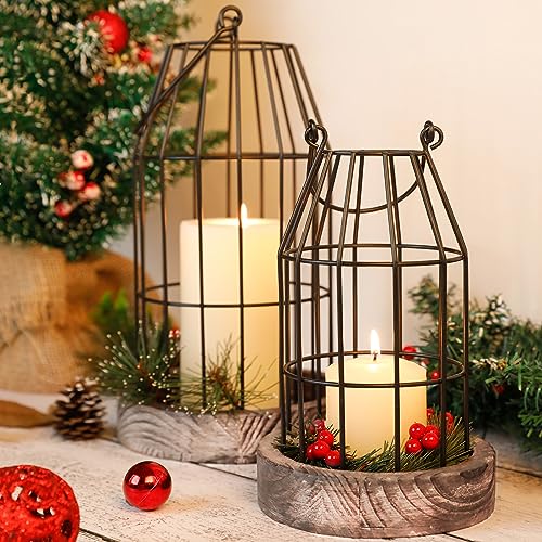 Rustic Wire Metal Cloche Set of 2 Candle Lantern Decorative Indoor Outdoor - color: Black/Brown