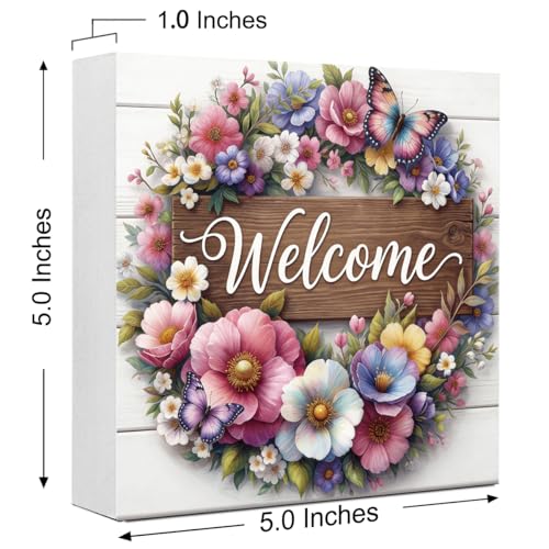 Welcome Sign Spring Floral Wooden Box Sign, Spring Decorations for Home Office Bathroom Kitchen Rustic Wood Block Signs for Desk Shelf Table Decor - color: Welcome1