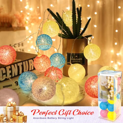 Anordsem Battery String Light Indoor: 6.88Ft/10 LED Cotton Ball Lanterns 2 Pack - Fairy Colorful Lighting Hanging Deco for Room Bedroom Party - Birthday Gifts for Babies Adults 25-50 - color: Colorful