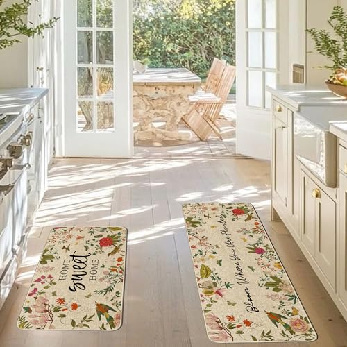 Spring Summer Kitchen Mats Vintage Florals Bird Low Profile Rugs