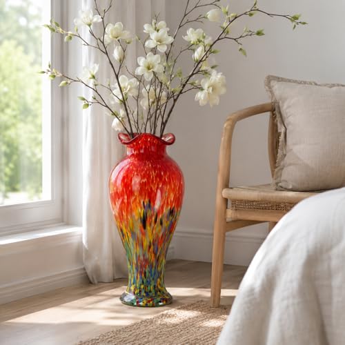 20" Tall Hand Blown Glass Vase – Pretty Ruffle Wide Mouth Decorative Flower Vase, for Modern Home Decor, Ideal Centerpiece for Living Rooms, Wedding & Home Decor - color: Red, size: Large