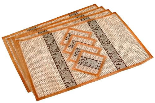 Hand-Woven Wicker Reed Placemats Coaster Set Alternative to Plastic Heat Resistant +Thai Style Durable Placemats, Available in 3 Different Sizes for Dining Table Set of 4 - color: Light Gold, size: Large