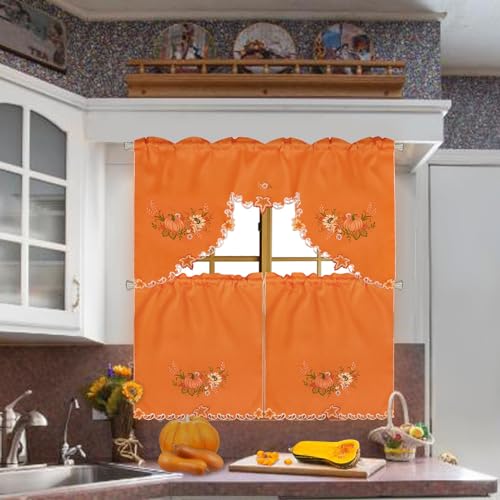Simhomsen Embroidered Rod Pocket Fall Autumn Harvest Pumpkins Kitchen Window Curtain Swag and Tiers Set for Thanksgiving (Orange Pumpkins) - color: Orange Pumpkins