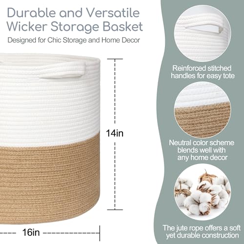 MEGASKET Large Woven Storage Basket, 16" x 14" Cotton and Jute Rope Basket for Blankets, Toys, Pillows, Big Laundry Basket with Handle, Decorative Living Room Storage, Dog Toy Bin, White and Natural - color: White & Natural, size: 16"D x 14"H