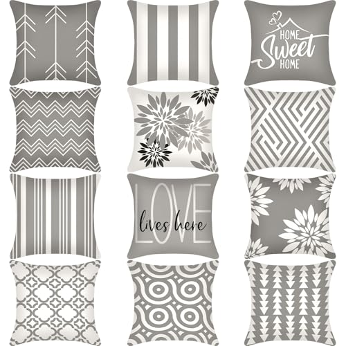 Flutesan 12 Pcs Pillow Covers 18x18 Geometric Linen for Couch, Gray - color: Gray