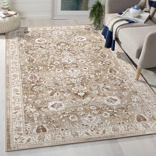 LOKHOM 3x5 Washable Area Rug, Boho Floral Non-Slip Kitchen Area Mat, Beige - color: Beige Brown, size: 3' x 5' (Rectangular)