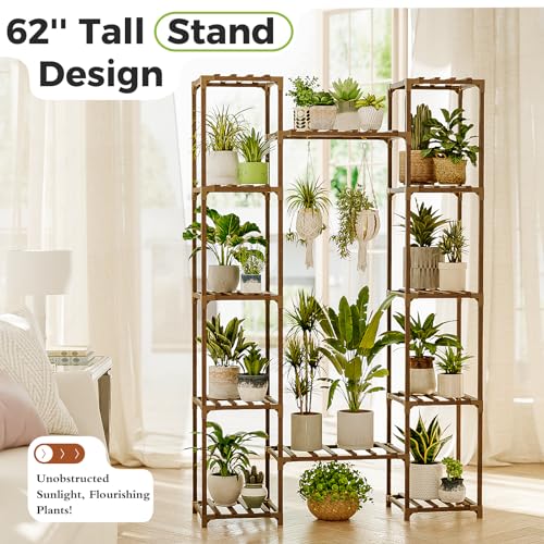Bamworld Plant Stand Indoor Outdoor 12 Tier Tall Large Wood Plant Shelf - color: Brown, size: 12 Tiers - Widened