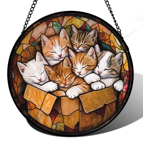 Sleeping Kittens Stained Glass Window Hanging Suncatcher Gifts 12" - color: Brown and White, size: 11.8x11.8 IN