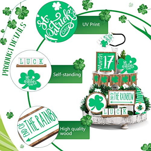Jetec 12 Pcs St. Patricks Day Tiered Tray Decor Trefoil Shamrocks Wooden Gnomes Green Lucky Shamrocks Tiered Trays Table Signs for Irish Party St. Patrick's Day Tree Decorations - style: Trefoil