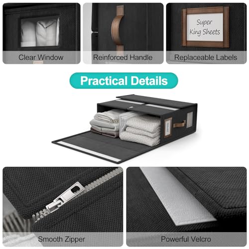 4 Pack Foldable Bed Sheets Set Organizers and Storage(Cal King Size),Linen Fabric Closet Organizers with Window,Folding Bedding Storage Box for Bedsheets and Pillow Cube Organizer-Black - color: Black, size: 4 Pack-Cal King Size-5.2 Gal
