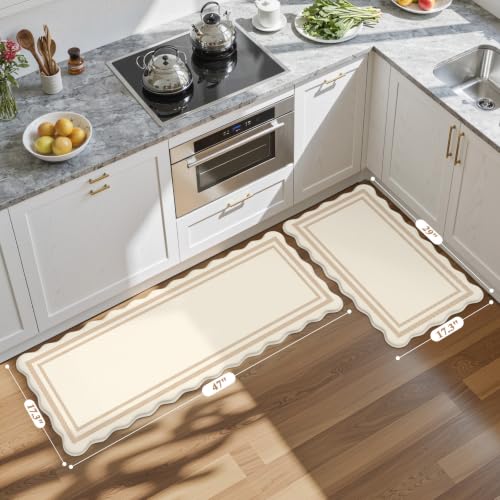 KIMODE Anti Fatigue Kitchen Mats, Beige Scalloped Rugs for Kitchen Floor - color: Beige, size: 17.3" x 47"+17.3" x 29"--0.47 inches