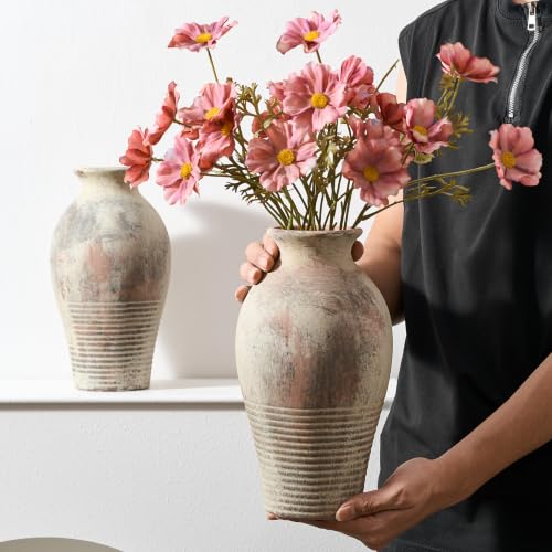 LUKA Ceramic Rustic Flower Vase Home Decor-11 inches Large Tall Retro Vases - color: Terracotta-11inches