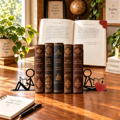2 Pcs Metal Bookends and Heart Bookmark,Book Ends for Book Shelf,Two Reader - color: Black Siting Reader